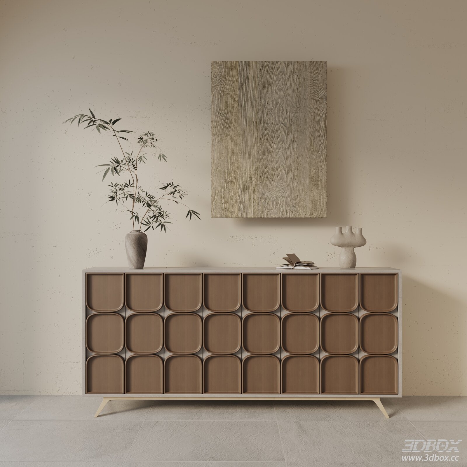 Modern Wooden Hallway Sideboard with Decor 3D model - thumbnail 1