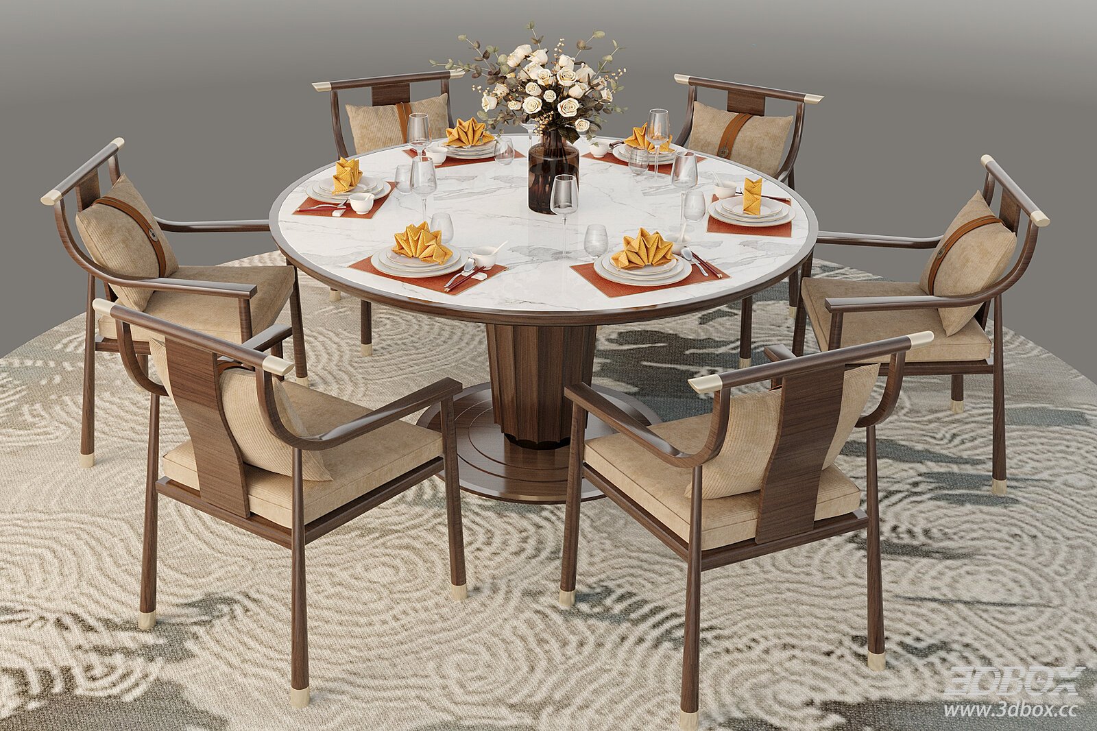 New Chinese Style Round Marble Dining Table and Chairs Set 3D model - front view