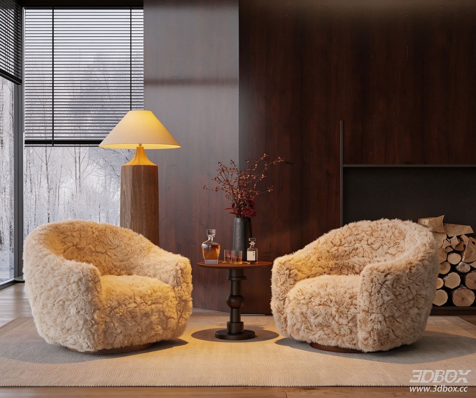 Modern Fluffy Fur Upholstered Single Armchair Set 3D model - front view