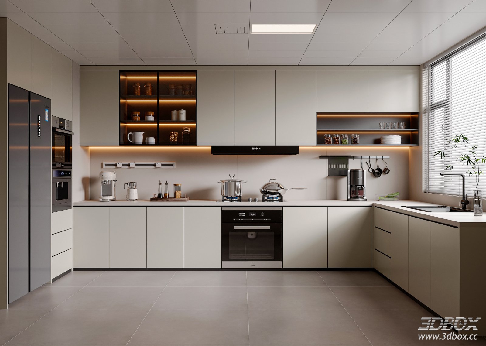 Modern Cream Style U-Shaped Kitchen Interior Scene 3D model - front view