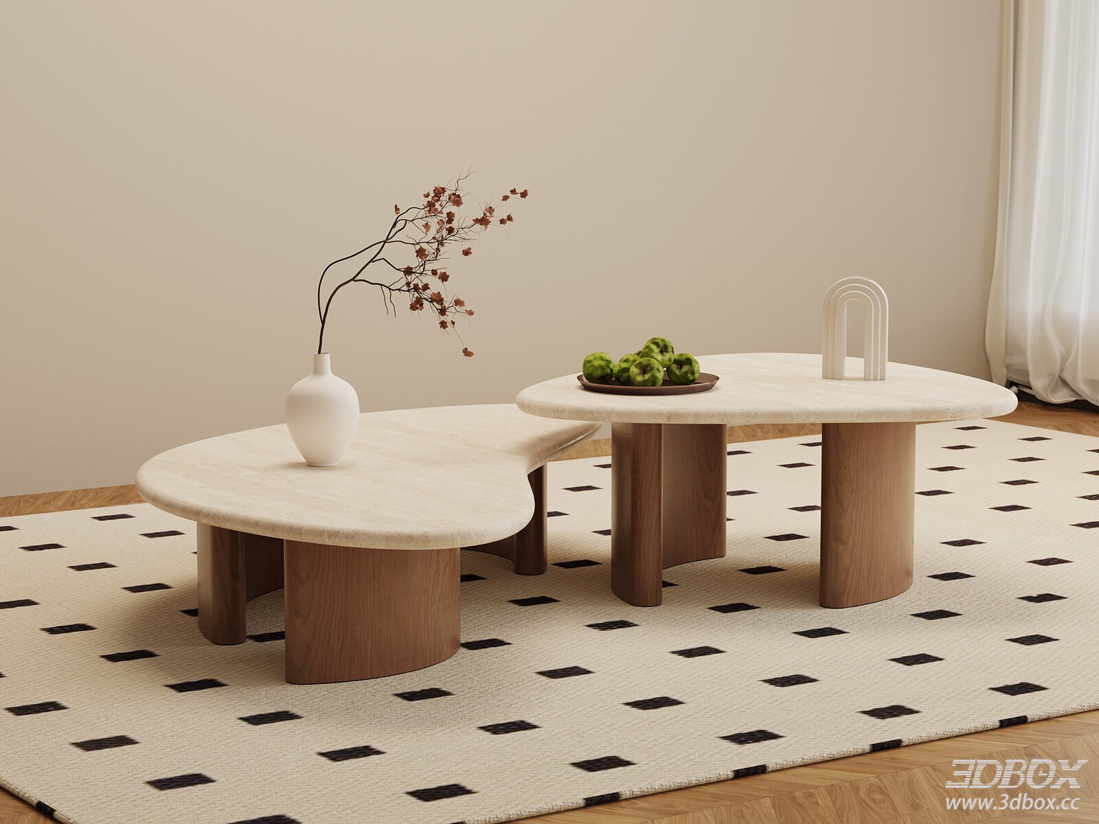 Modern Wabi Sabi Travertine Coffee Table Set 3D model - thumbnail 1
