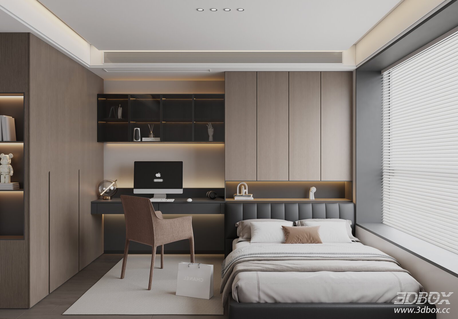 Modern Italian Style Bedroom with Tatami and Work Desk 3D model - front view