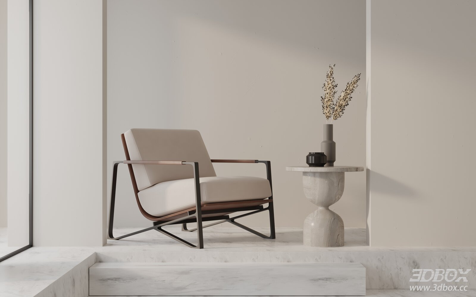 Modern Minimalist Leather Armchair with Marble Side Table 3D model - front view