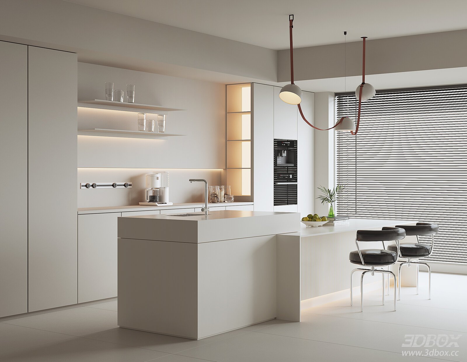 Modern Minimalist Kitchen and Dining Room Interior 3D model - front view