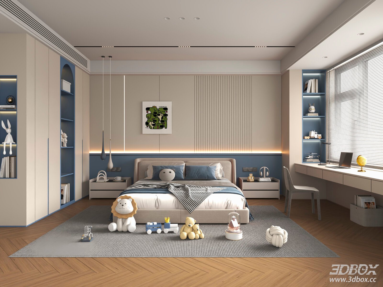 Modern Cream Style Boy Kids Bedroom Interior 3D model - front view