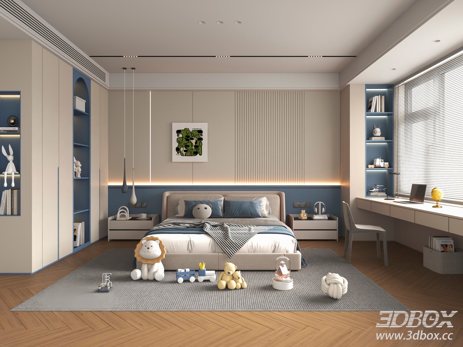 Modern Cream Style Boy Kids Bedroom Interior 3D model - thumbnail 1