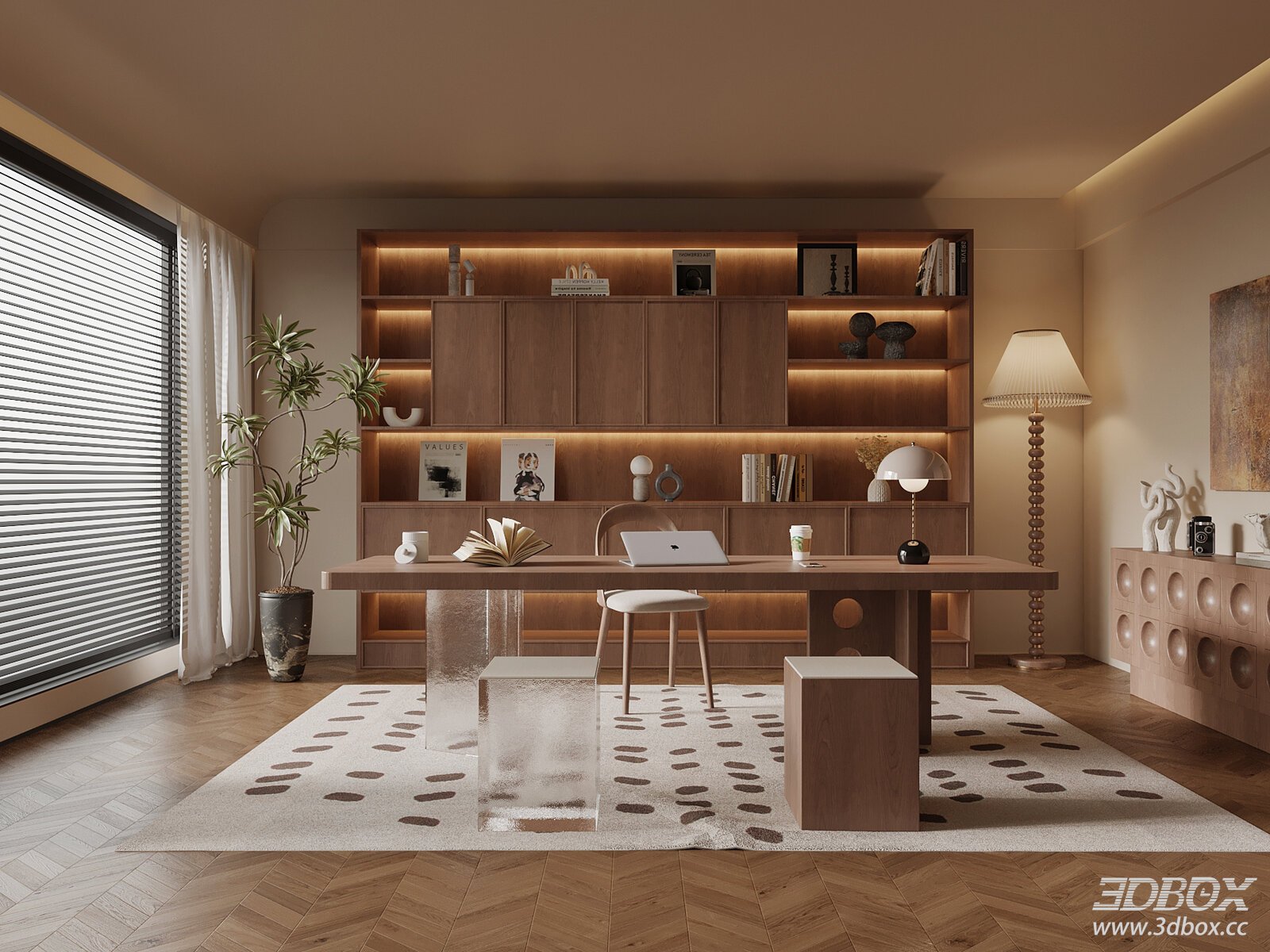 Mid Century Modern Home Office Study Room 3D model - front view