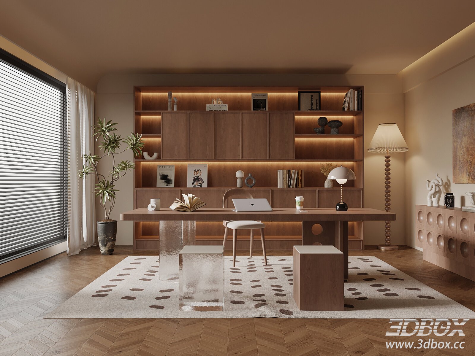 Mid Century Modern Home Office Study Room 3D model - thumbnail 1