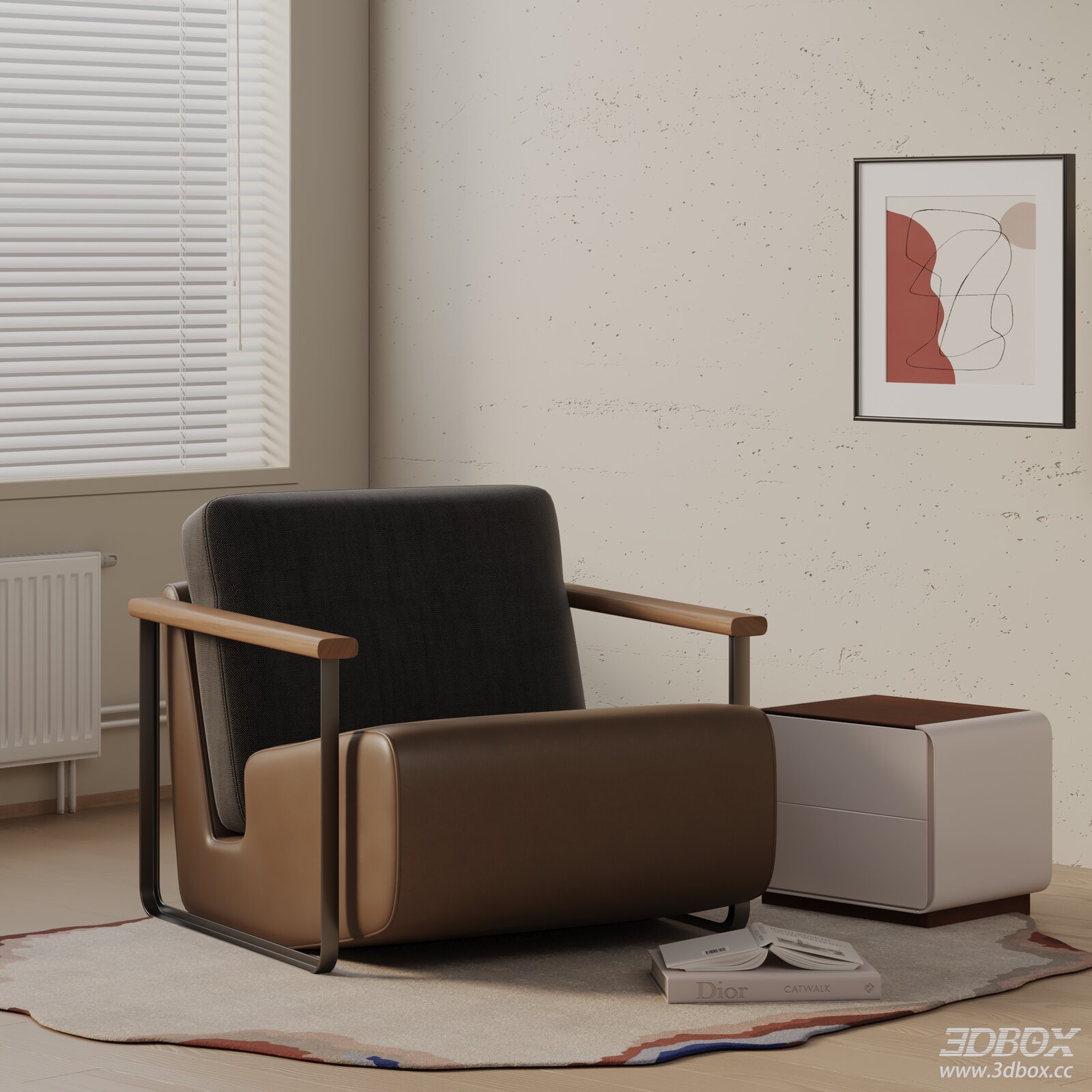 Modern Leather Fabric Armchair with Wooden Armrest 3D model - front view