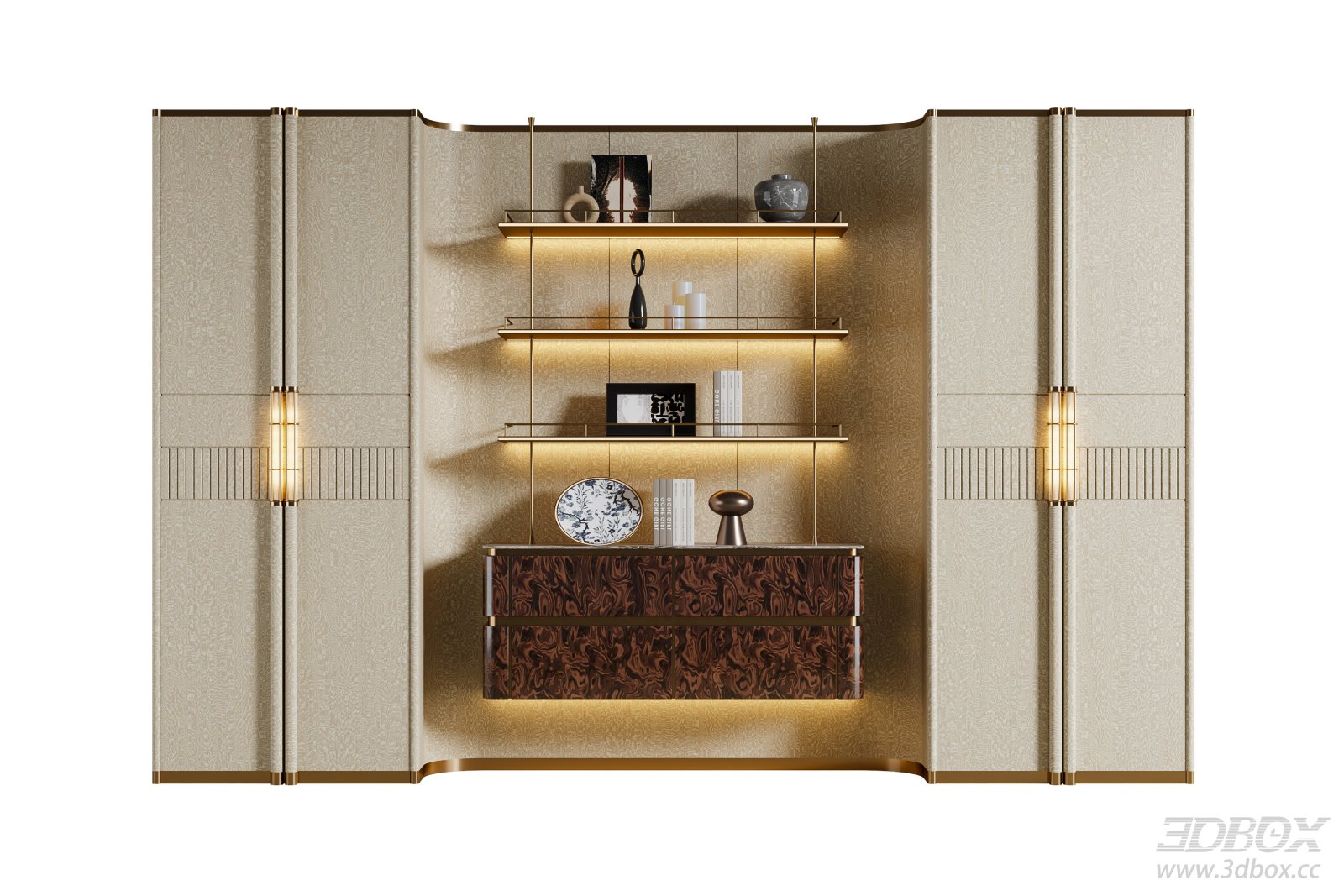 Italian Luxury Display Cabinet Bookshelf with Built-in Lighting 3D model - front view