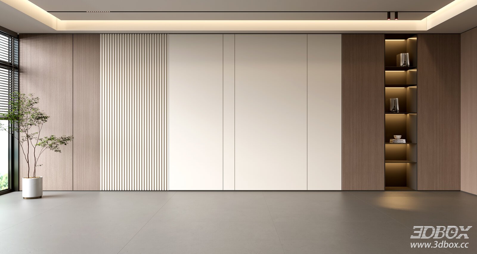 Modern Minimalist TV Wall with Built-in Shelf and Fluted Panel 3D model - front view