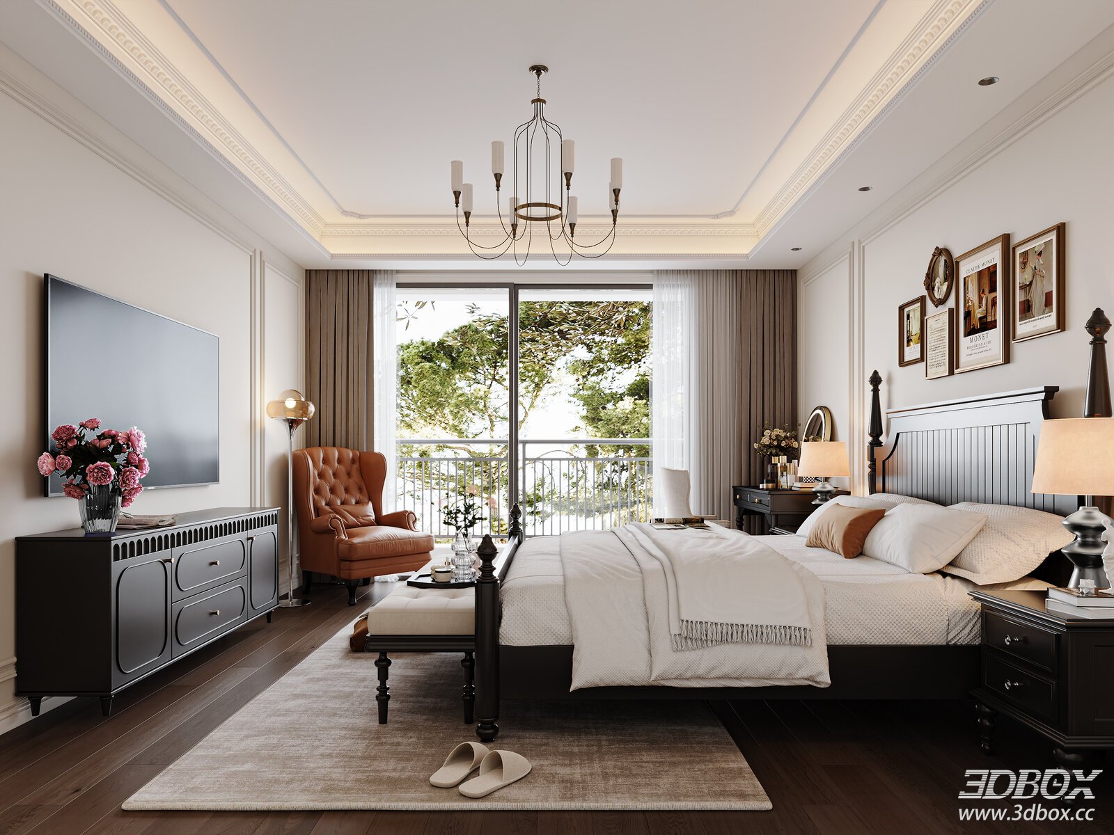 French Vintage American Style Bedroom Interior Scene 3D model - front view
