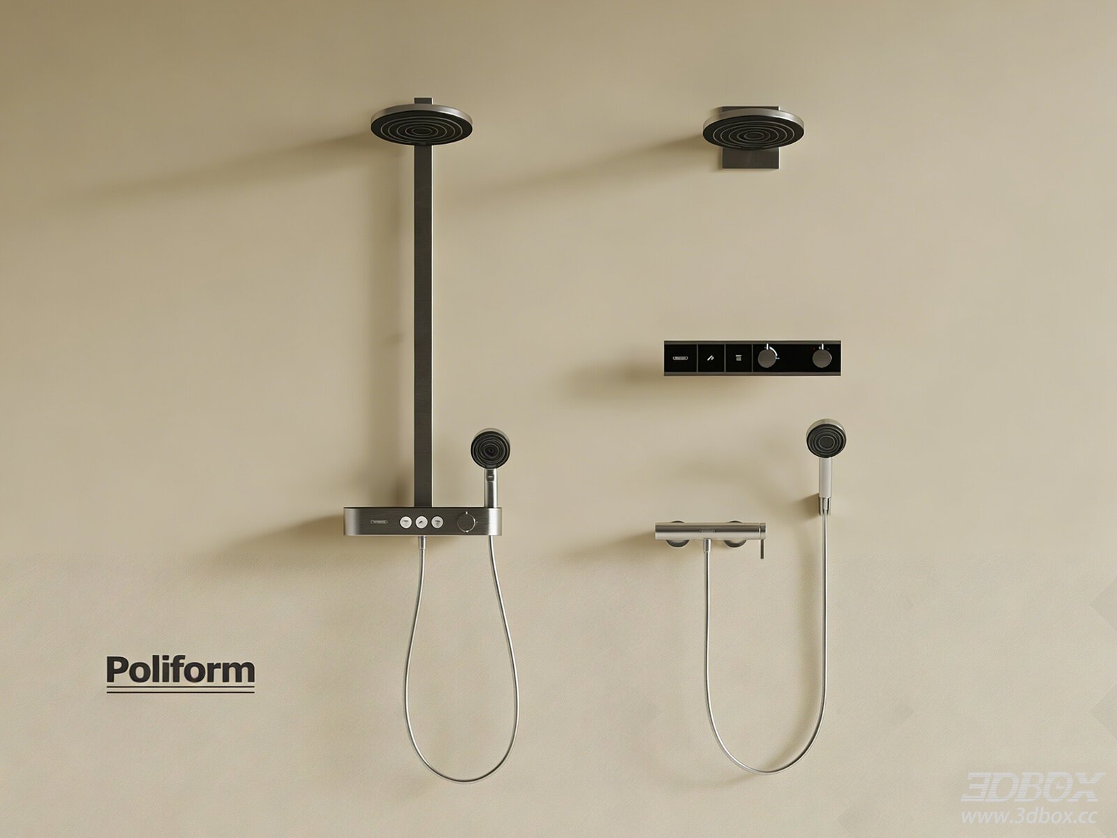 Modern Metal Wall Mounted Shower Set 3D model - front view