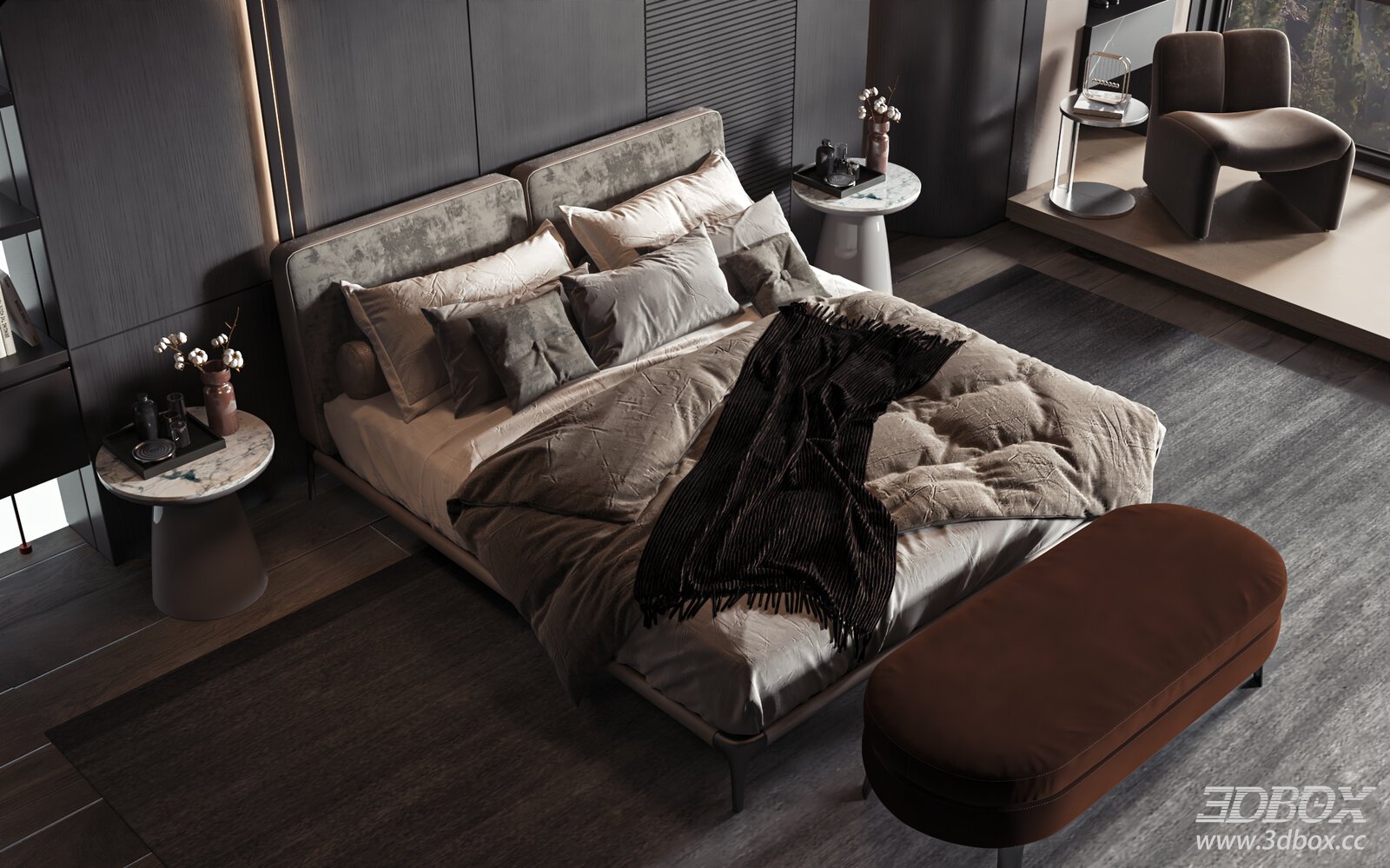 Modern Luxury Dark Tone Bedroom Scene 3D model - front view