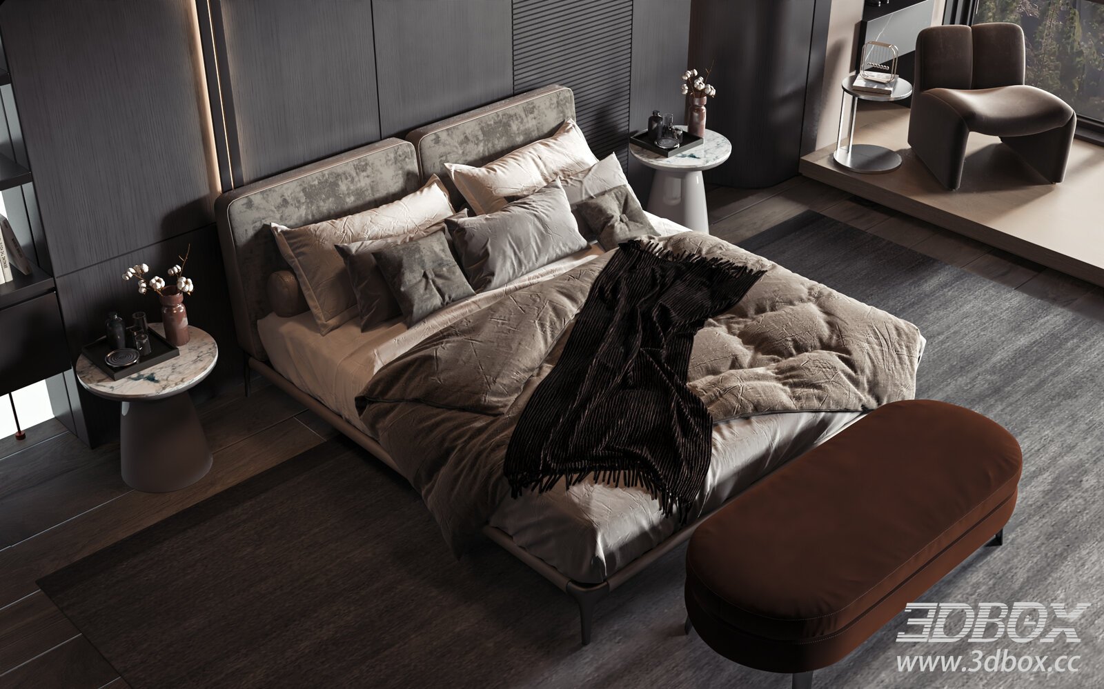 Modern Luxury Dark Tone Bedroom Scene 3D model - thumbnail 1