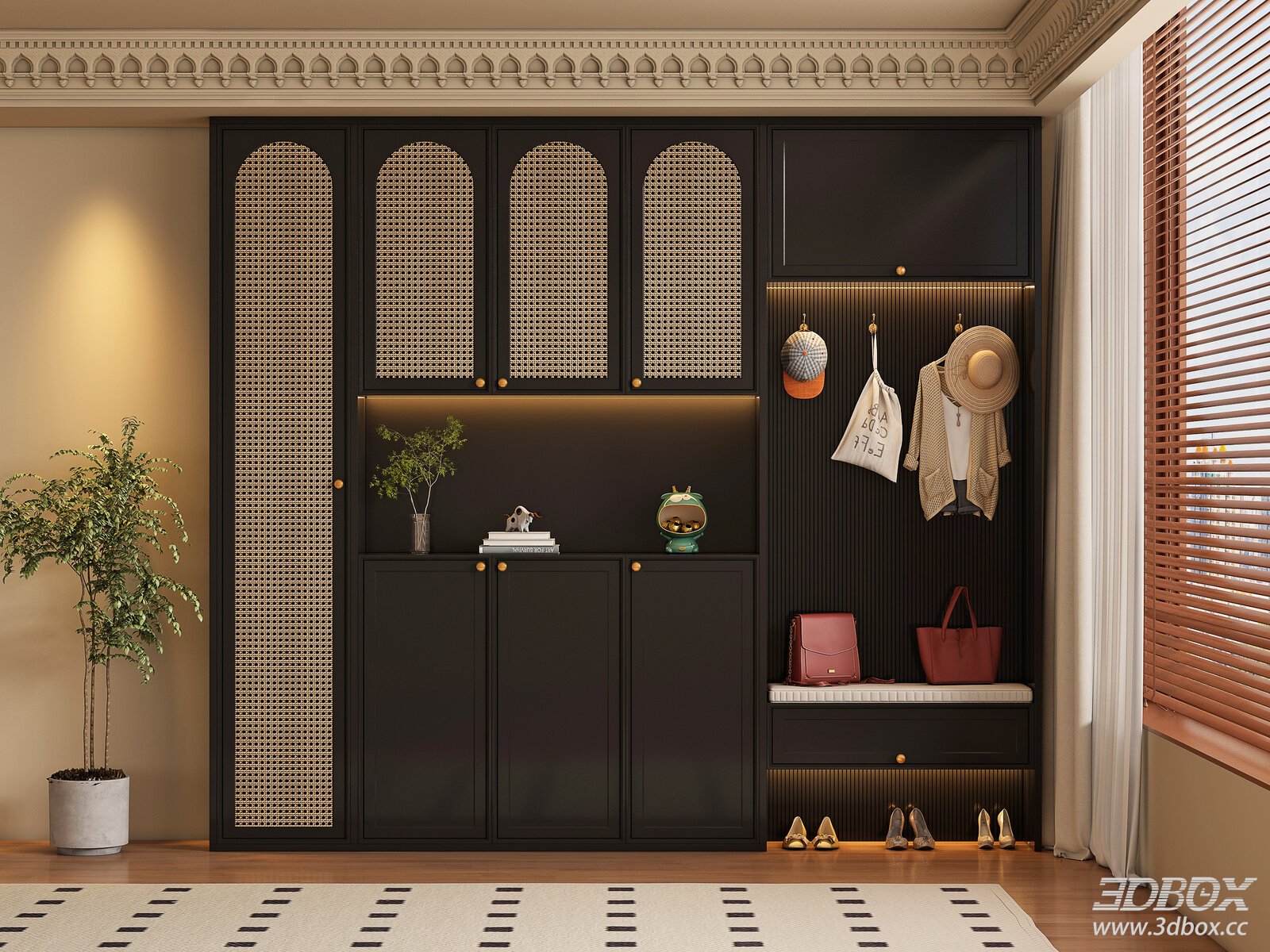 Mid Century Rattan Wardrobe Entryway Storage Cabinet 3D model - front view