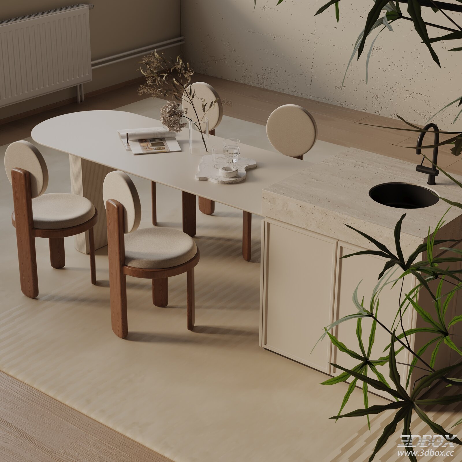 Modern Minimalist Kitchen Dining Set with Oval Table and Chairs 3D model - front view
