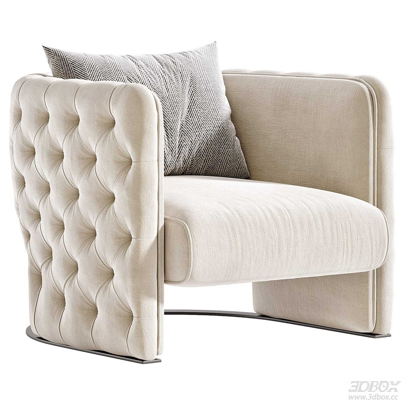 Luxury Tufted Fabric Single Armchair with Pillow 3D model - front view