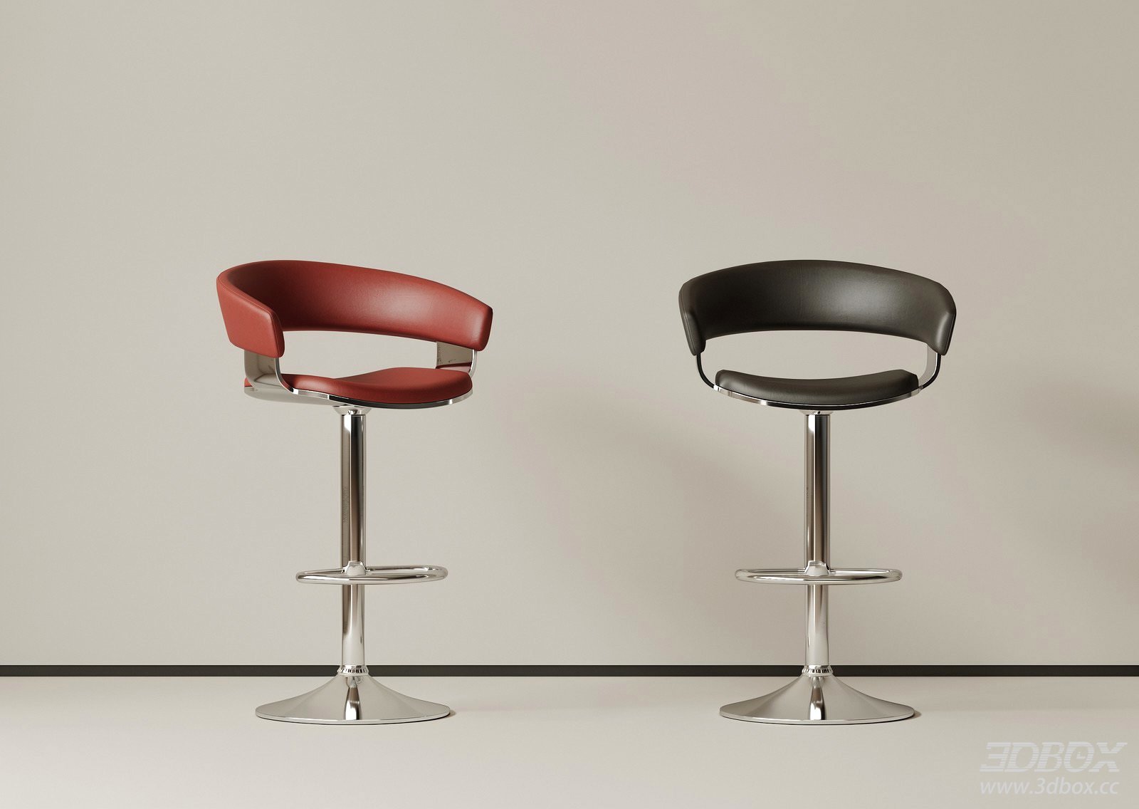 Modern Adjustable Leather Bar Stool with Chrome Base 3D model - front view