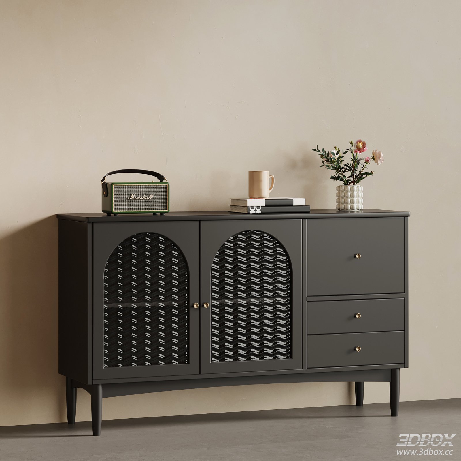 French Retro Dark Sideboard with Woven Glass Doors 3D model - front view