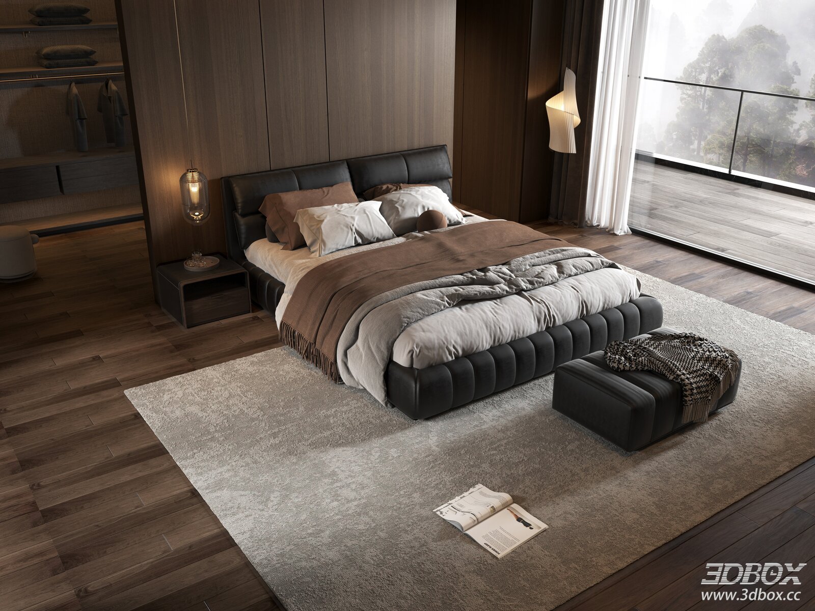 Modern Italian Style Black Leather Bedroom Scene 3D model - front view