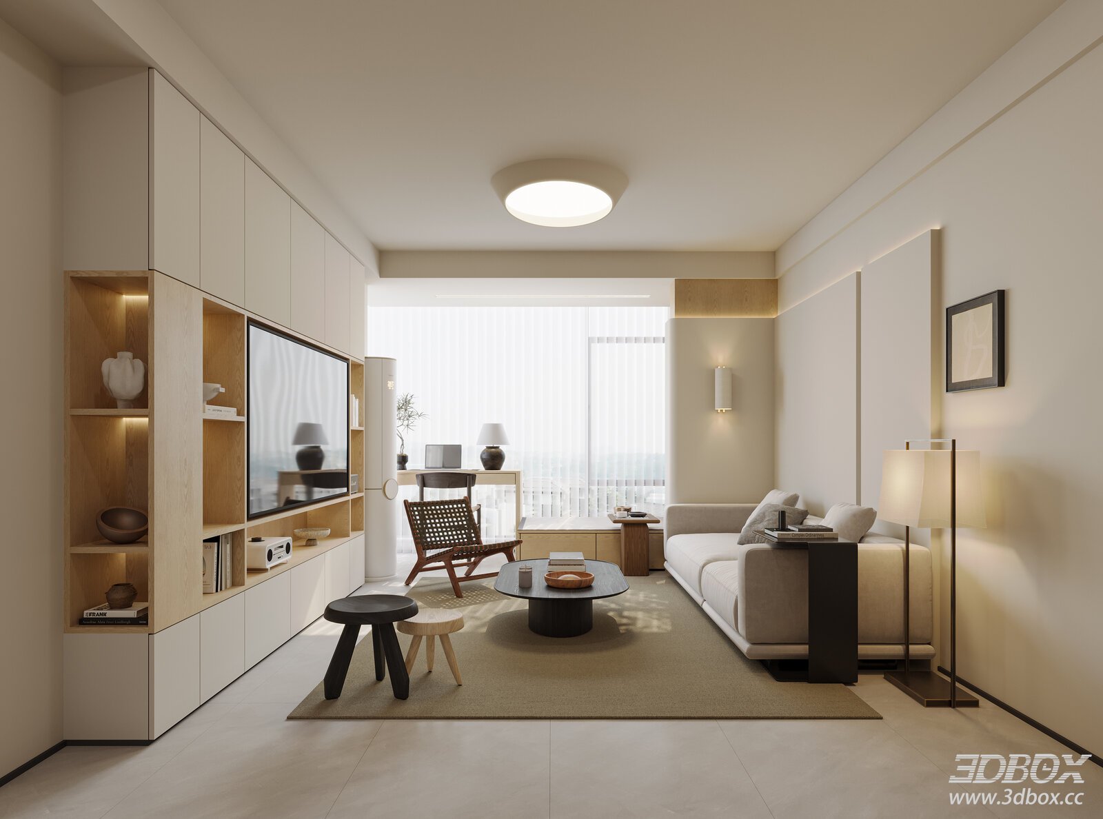 Japanese Style Minimalist Living Room Interior 3D model - front view