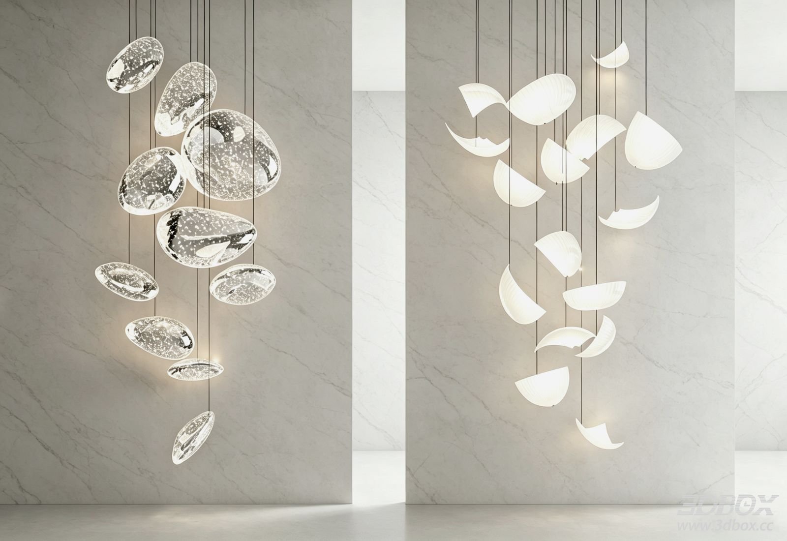 Modern Art Glass Chandelier Set 3D model - front view
