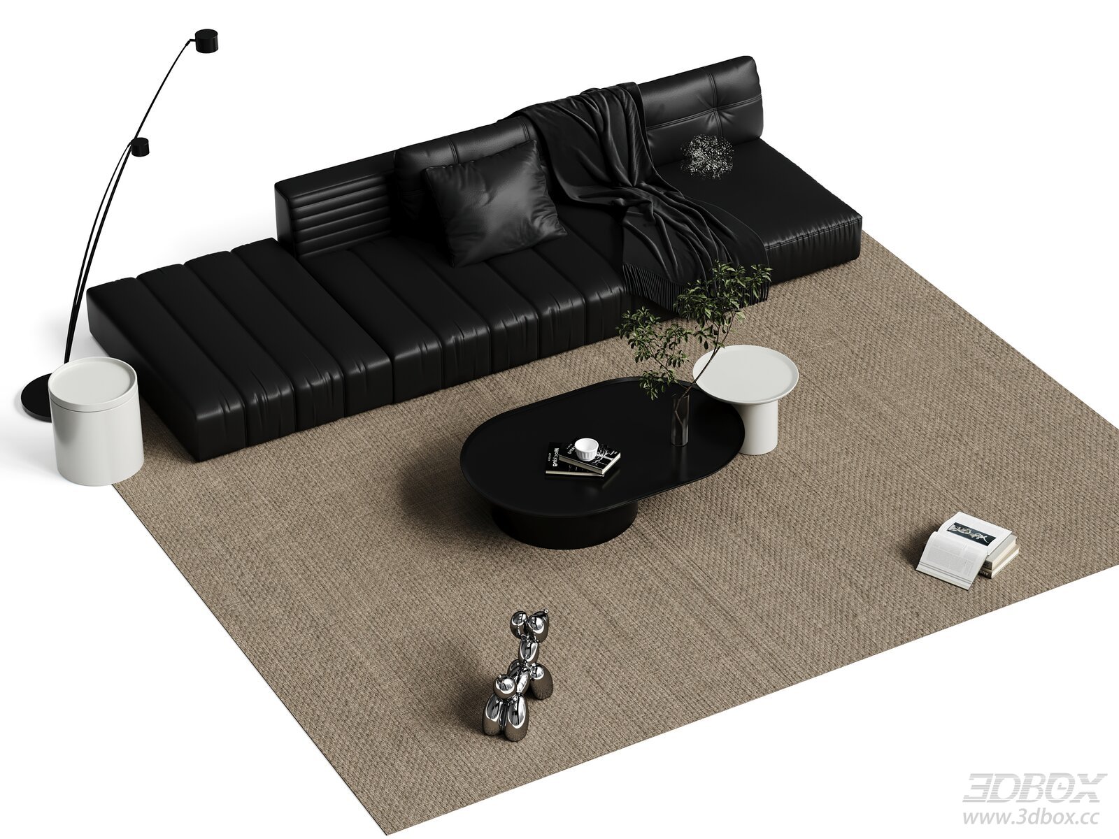 Modern Black Leather Sofa Set with Coffee Table and Decor 3D model - front view