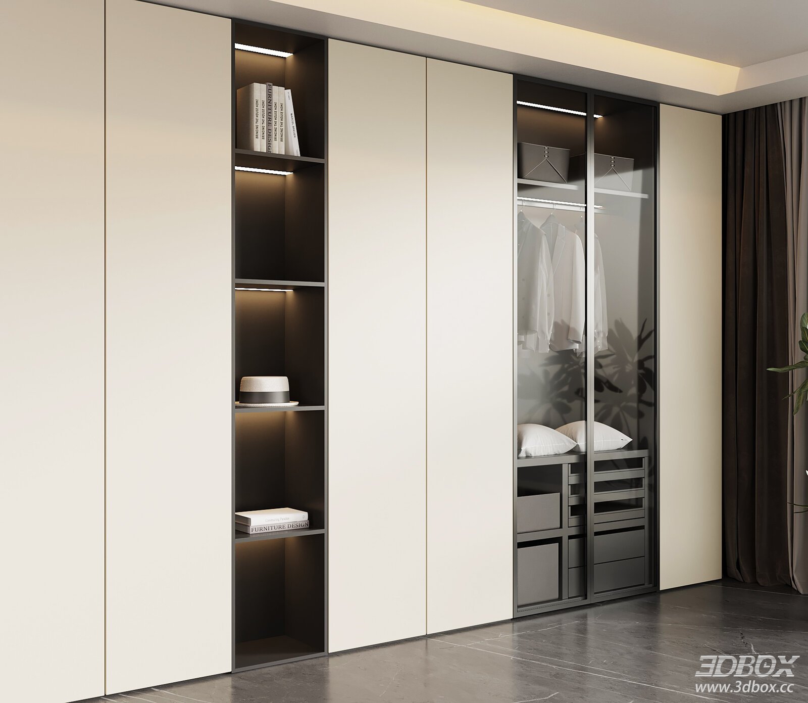 Modern Built-in Wardrobe with Glass Door and LED Lighting 3D model - front view