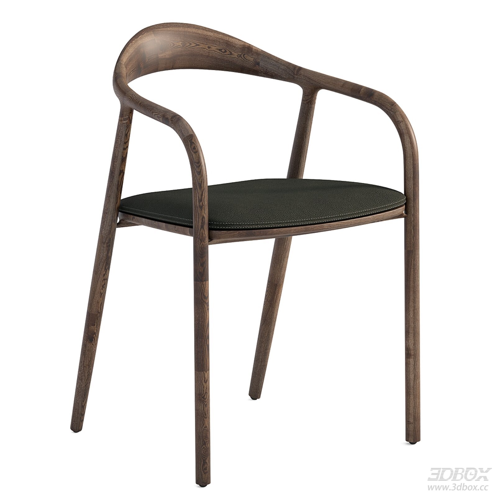 Modern Wooden Armchair with Dark Leather Upholstery 3D model - front view