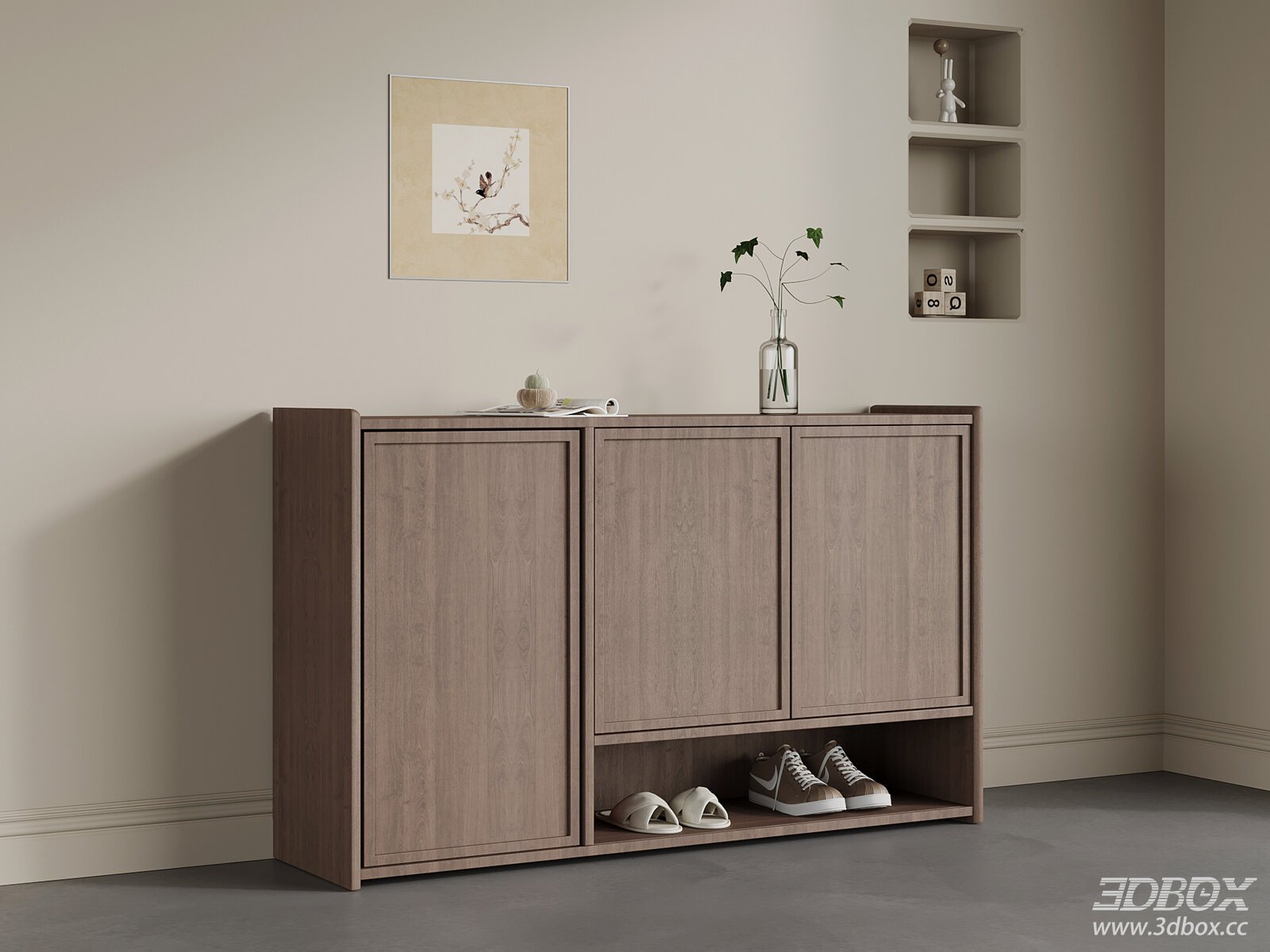 Mid-century Wabi Sabi Wooden Entryway Shoe Cabinet 3D model - front view