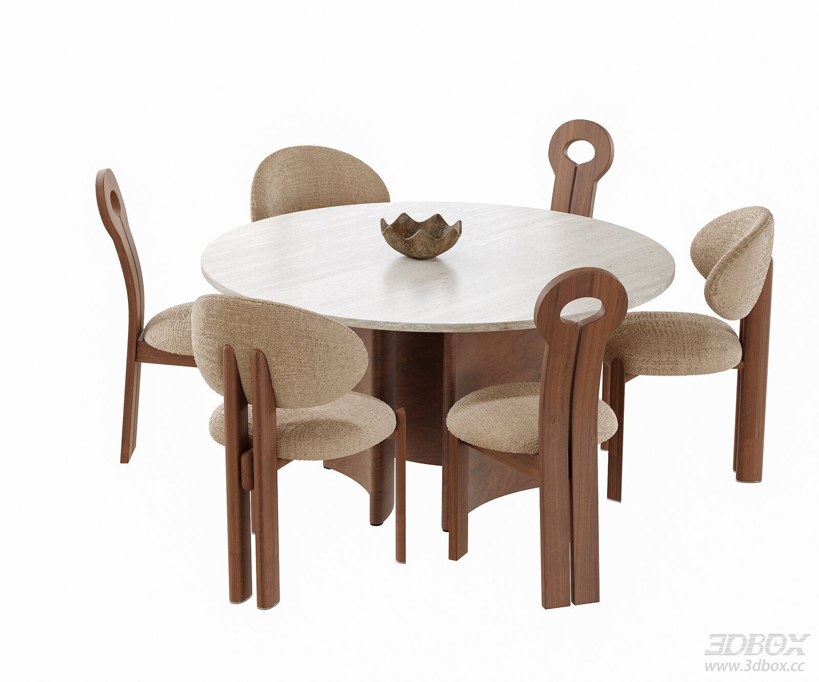 Modern Round Dining Table and Fabric Chairs Set 3D model - front view