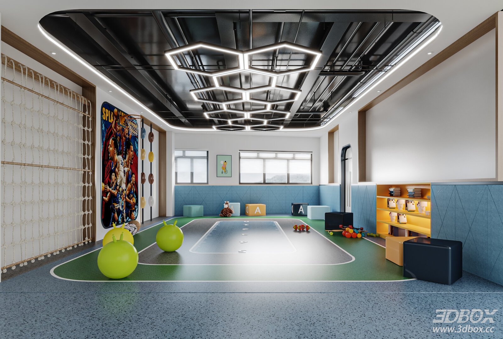 Modern Kids Fitness Training Room Interior Scene 3D model - front view