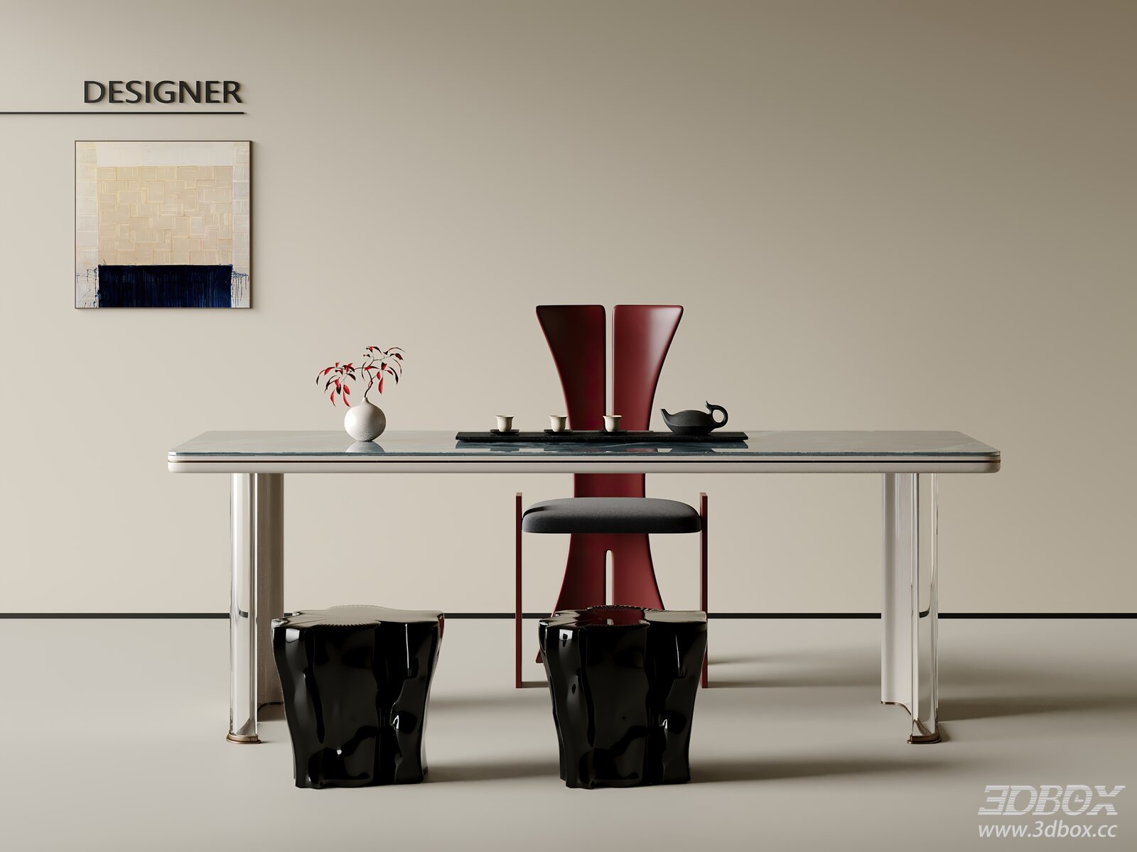 Modern Tea Table and Chair Set 3D model - thumbnail 1