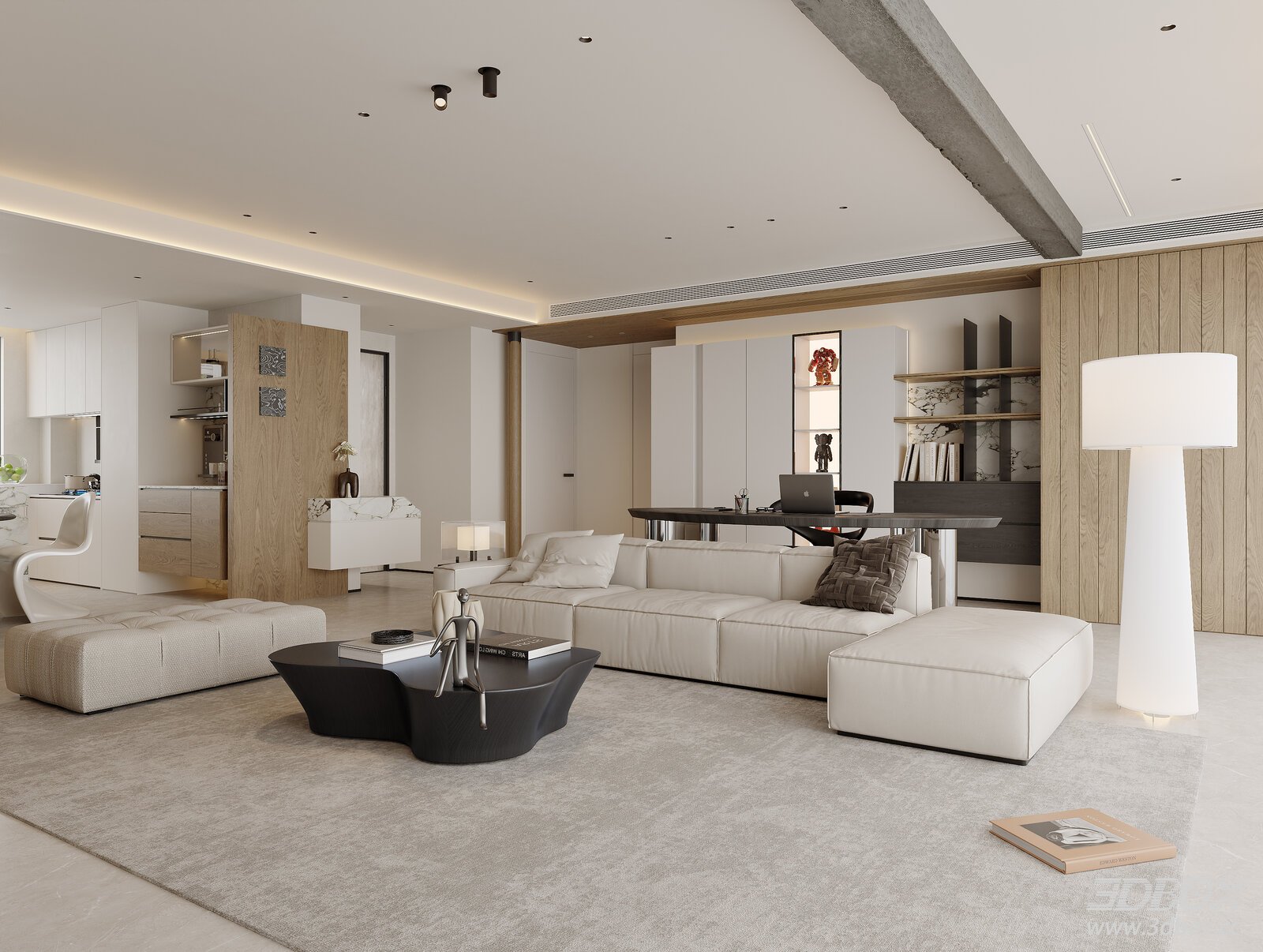 Modern Minimalist Living and Dining Room Interior 3D model - front view