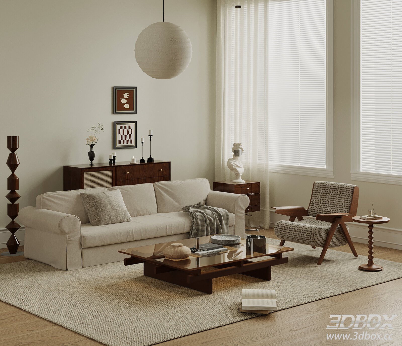 Mid Century Modern Living Room Furniture Set 3D model - thumbnail 1