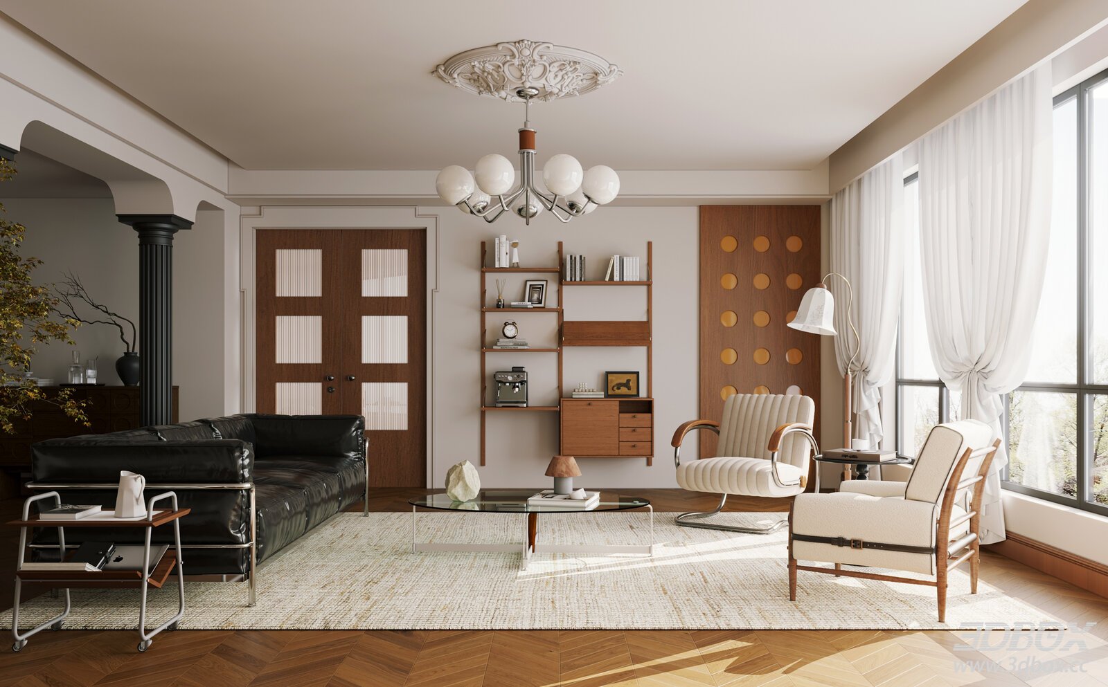 Modern Vintage French Retro Living Room Interior Scene 3D model - front view