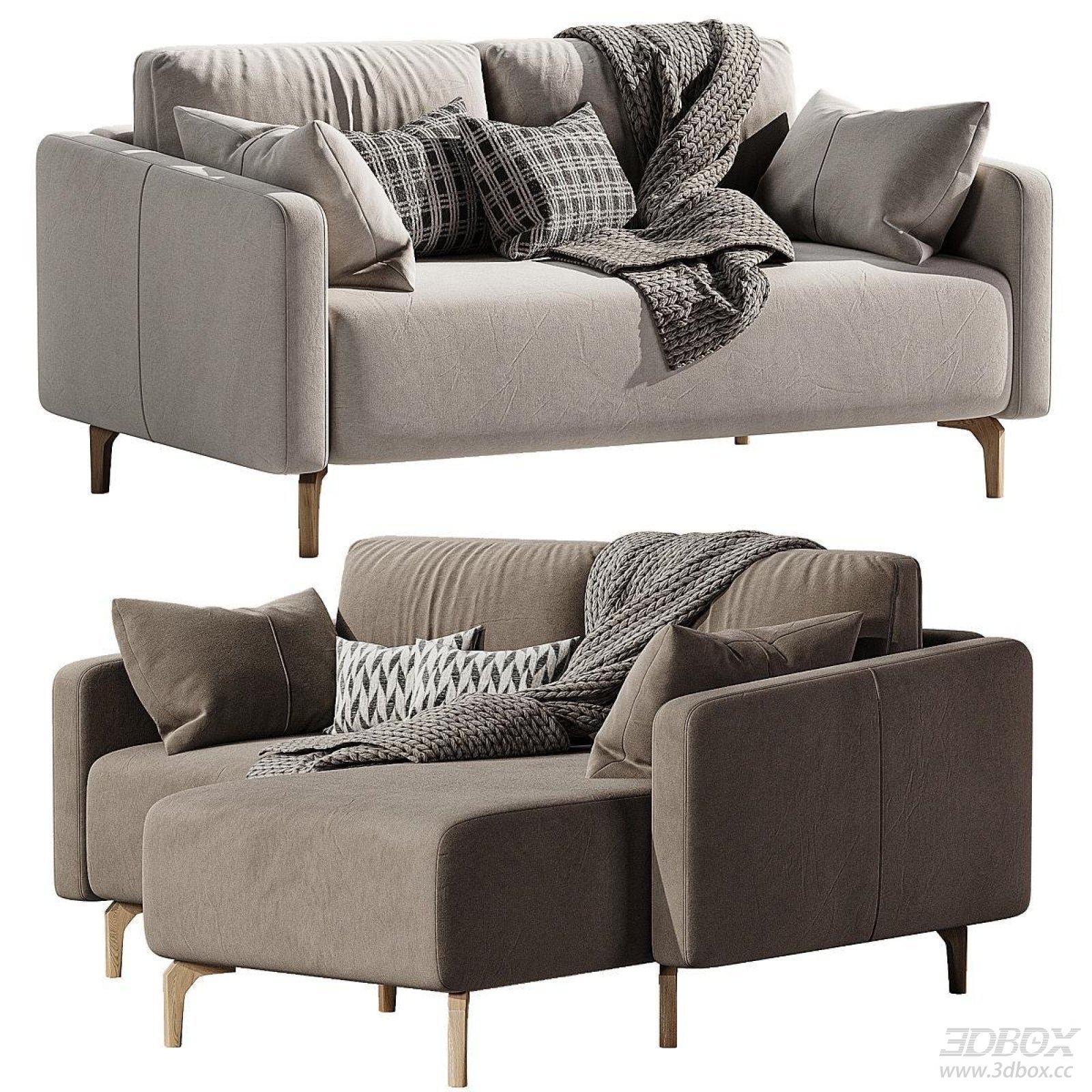 Modern Upholstered Sofa Set with Pillows and Knitted Throw 3D model - front view