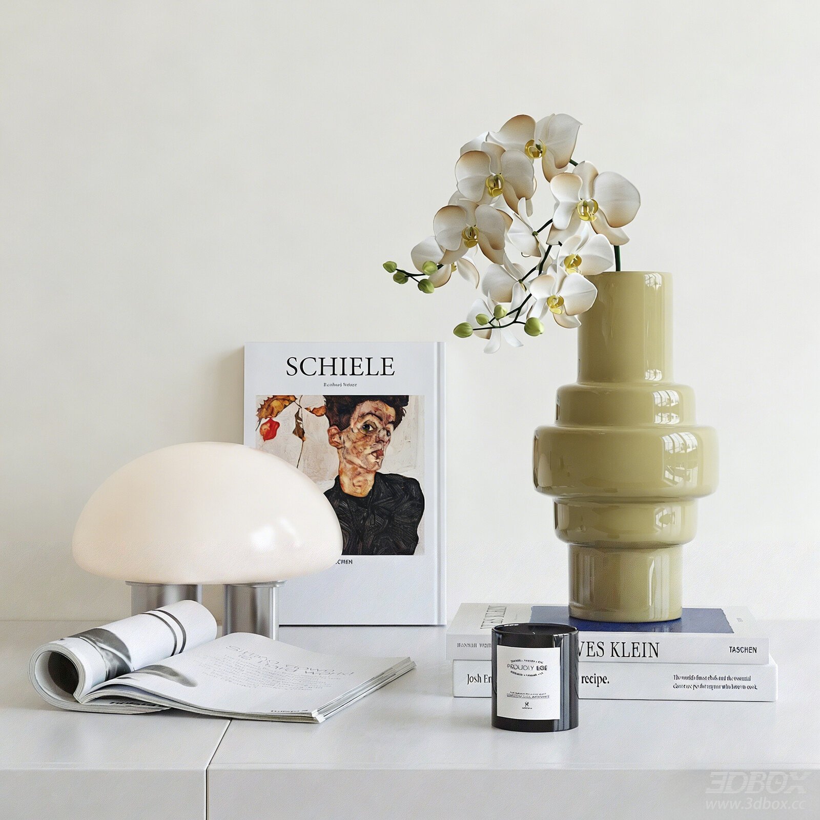 Creamy Vintage Decorative Set Vase Books Table Lamp Candle 3D model - front view