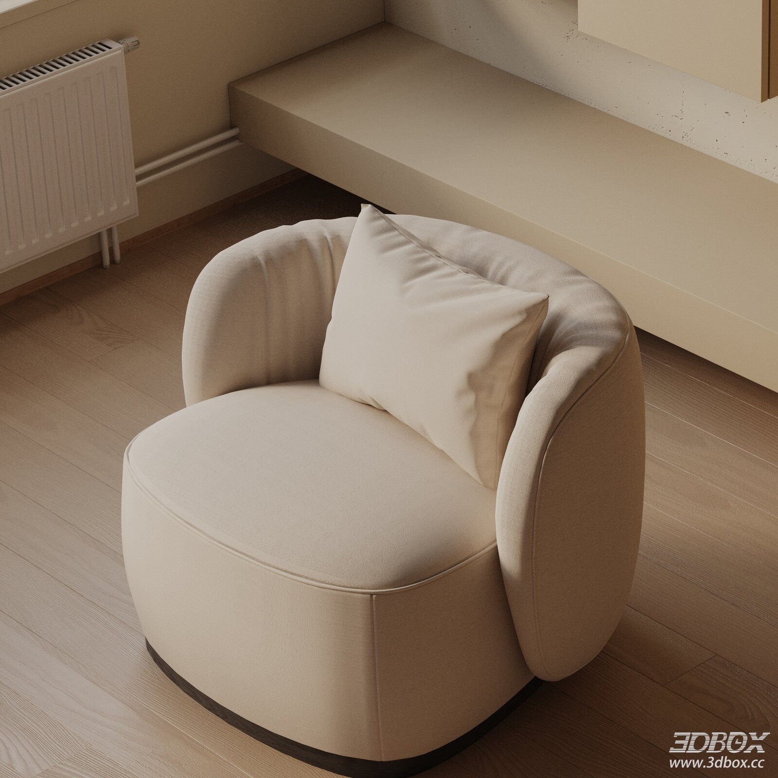 Modern Beige Fabric Upholstered Swivel Armchair 3D model - front view