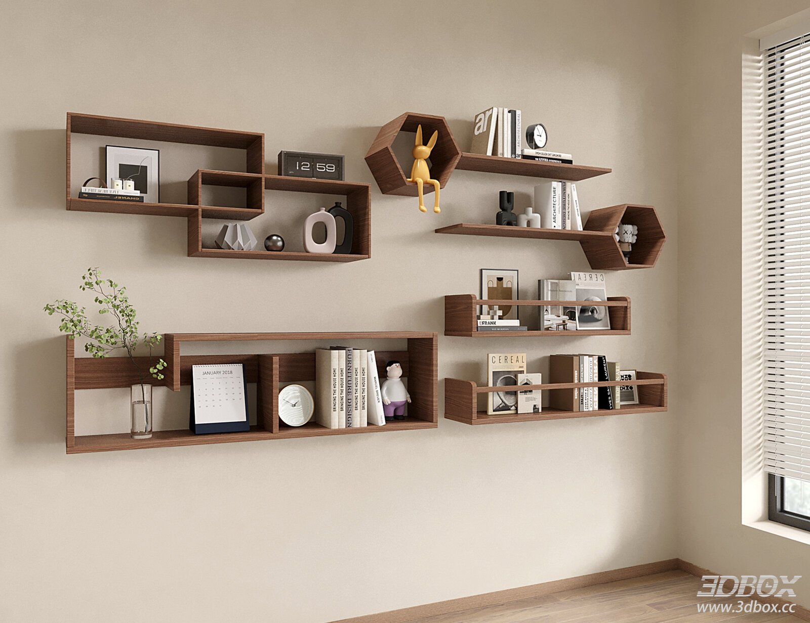 Modern Walnut Wood Wall Mounted Display Storage Bookshelf 3D model - front view