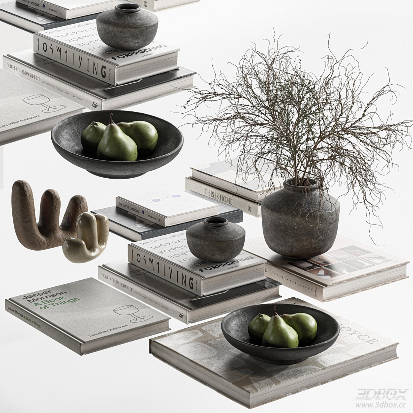 Wabi Sabi Decorative Set with Books Vases and Sculptures 3D model - front view