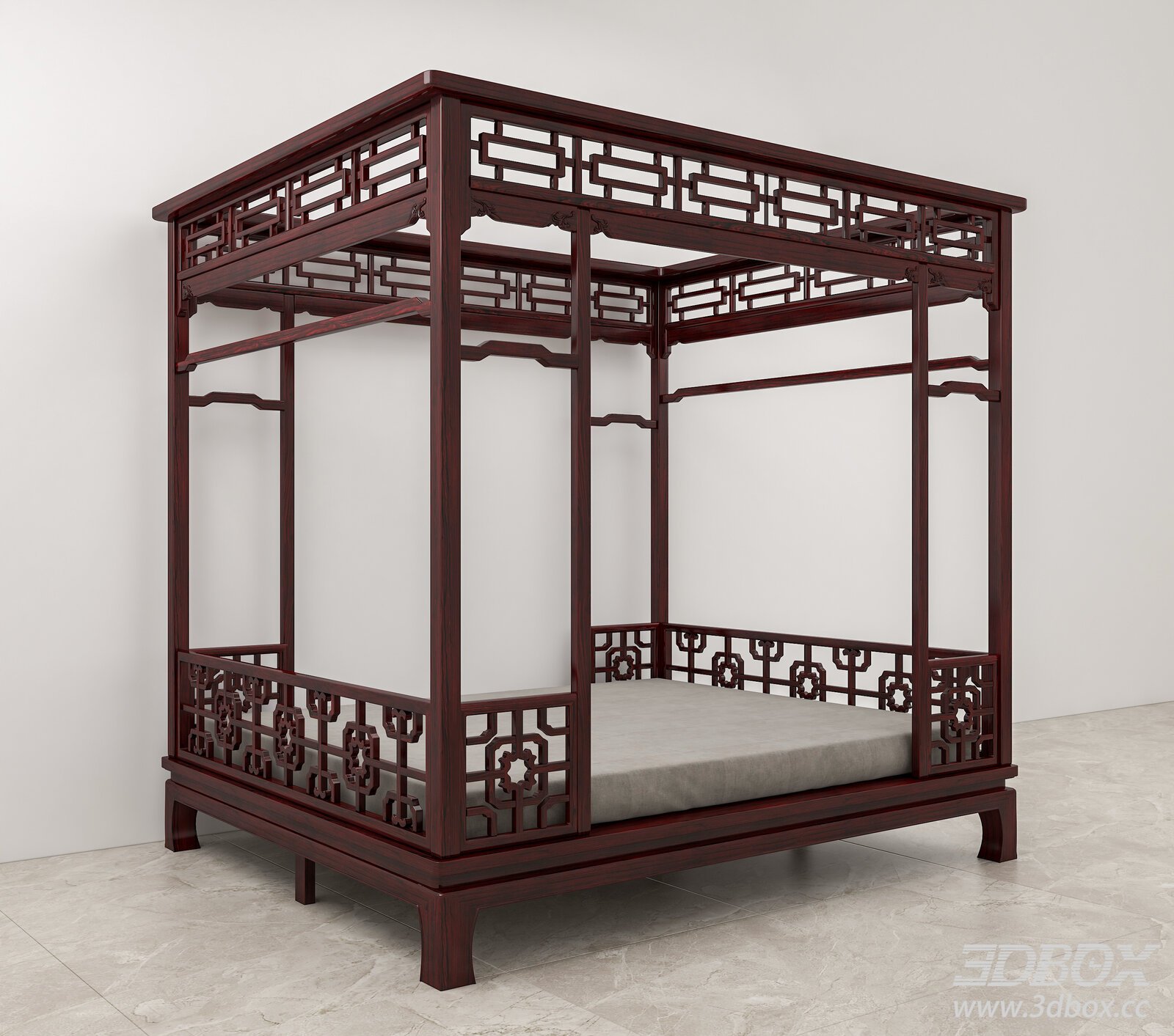 Chinese Style Mahogany Canopy Double Bed 3D model - thumbnail 1