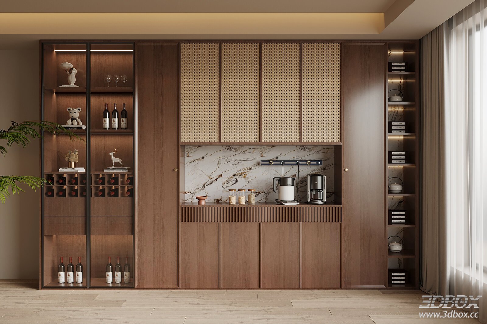 Mid Century Wooden Wine Cabinet Sideboard 3D model - front view