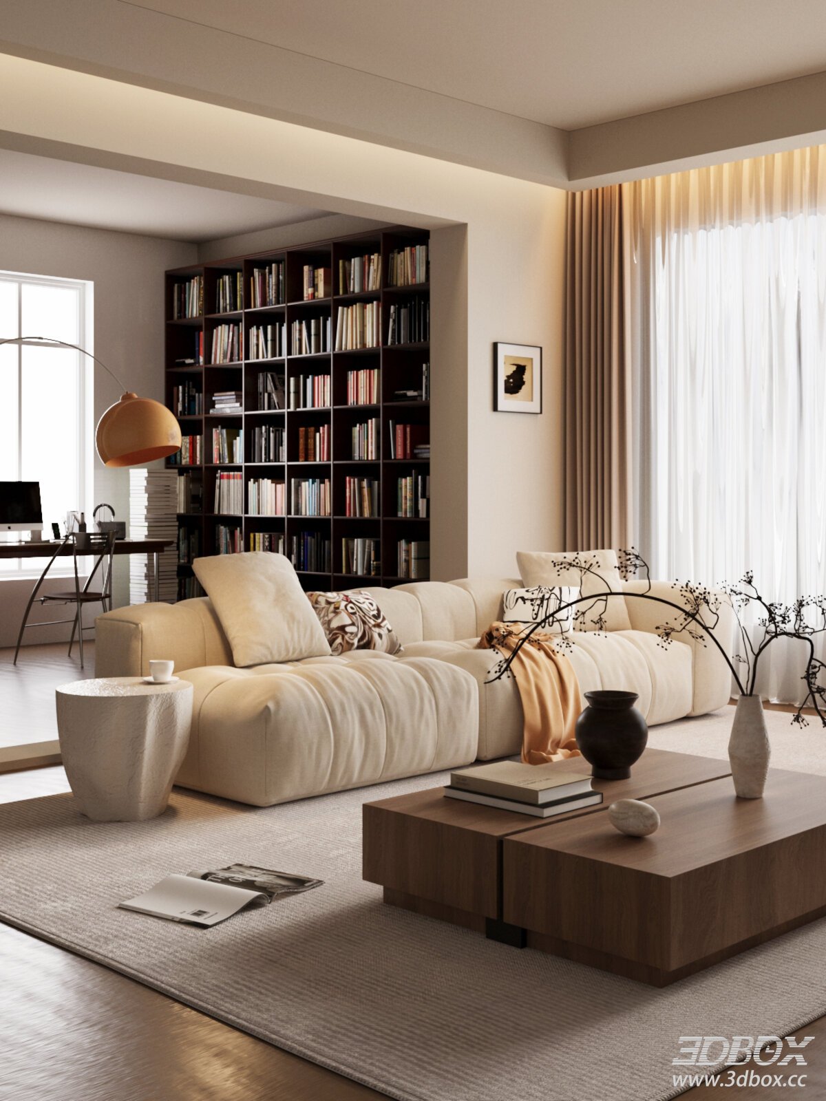 Modern Luxury Minimalist Living Room with Sofa and Coffee Table 3D model - front view