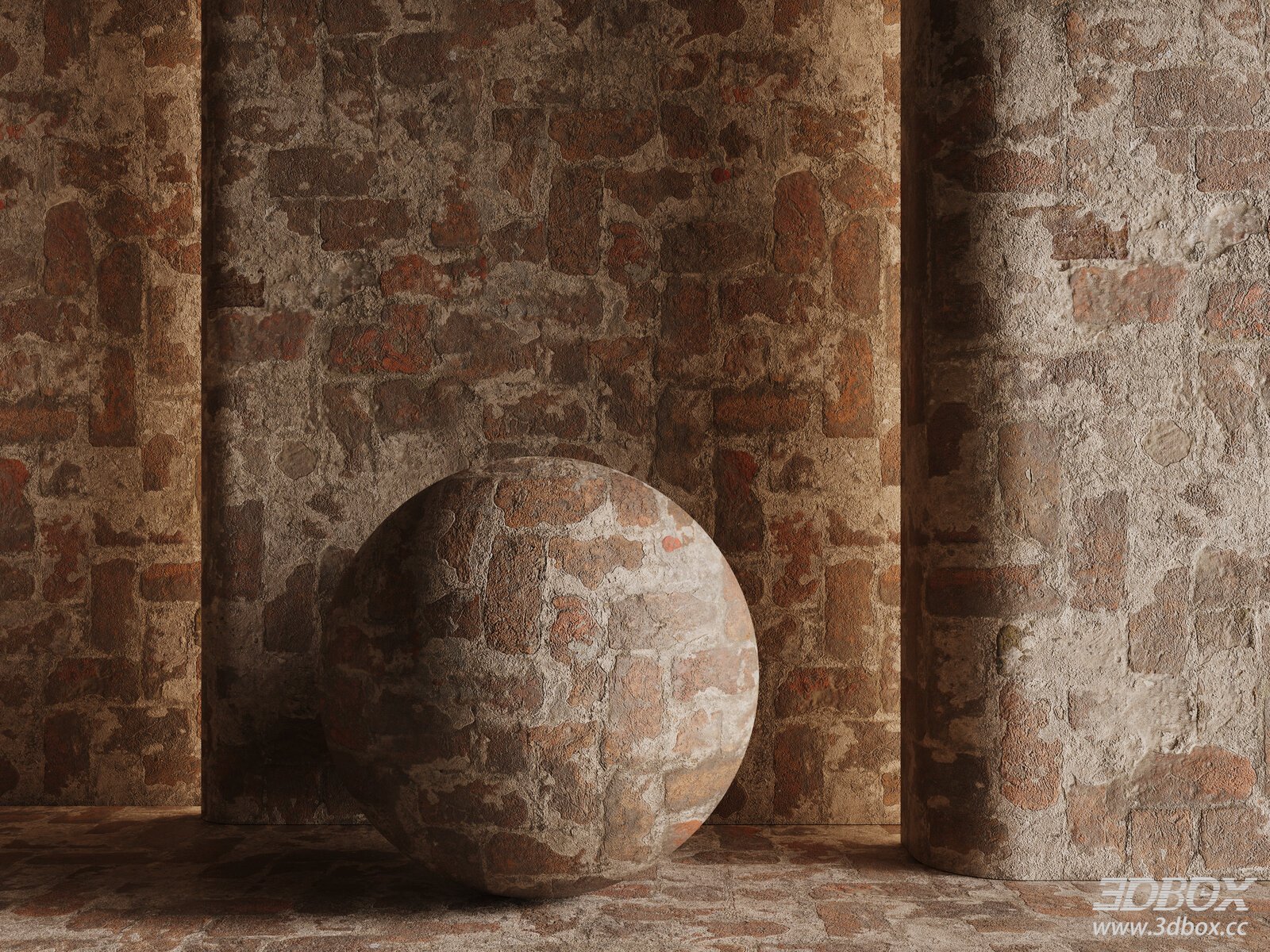 Aged Old Brick Paving Stone Wall Texture 3D model - front view