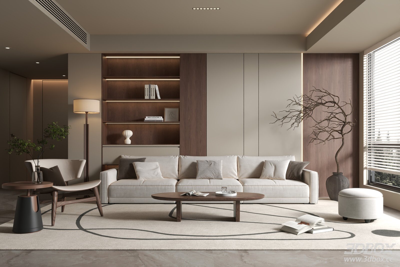 Wabi Sabi Mid Century Modern Living Room Scene 3D model - front view
