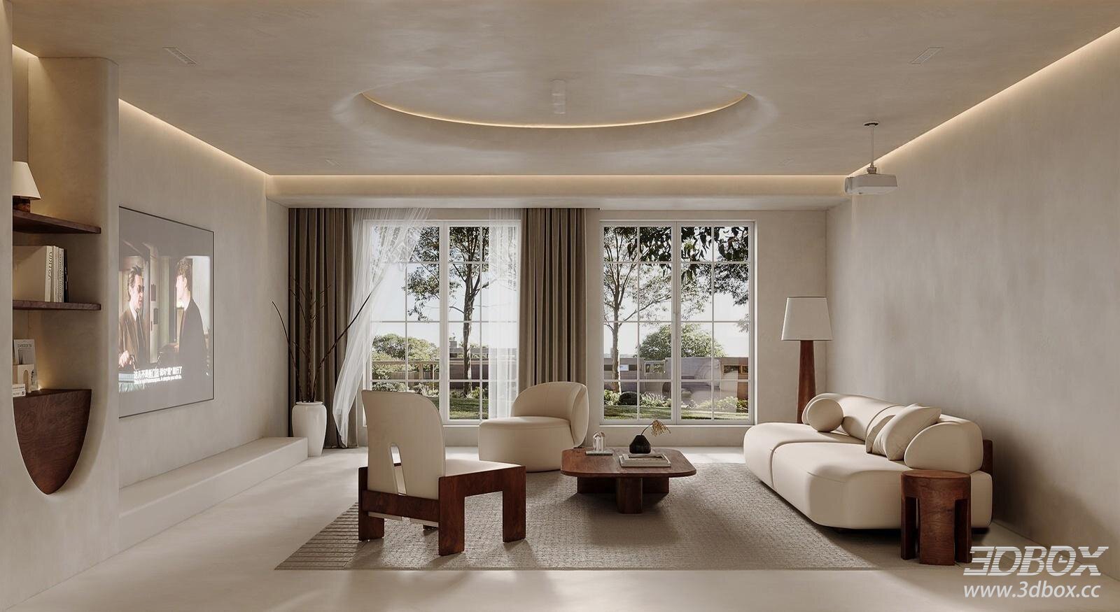 Wabi Sabi Minimalist Living Room Interior Scene 3D model - front view