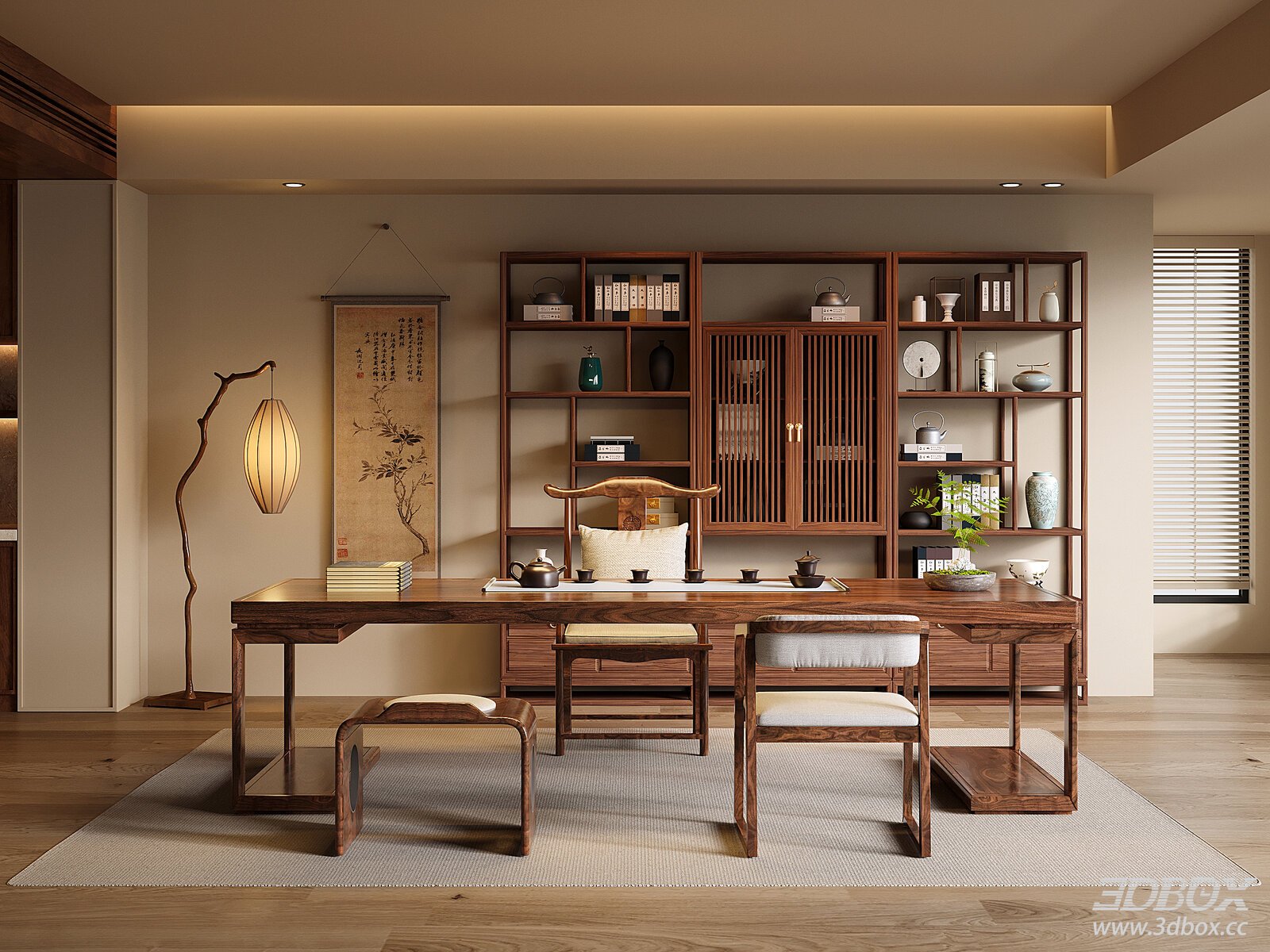 New Chinese Style Tea Room Interior with Tea Table and Display Shelf 3D model - front view