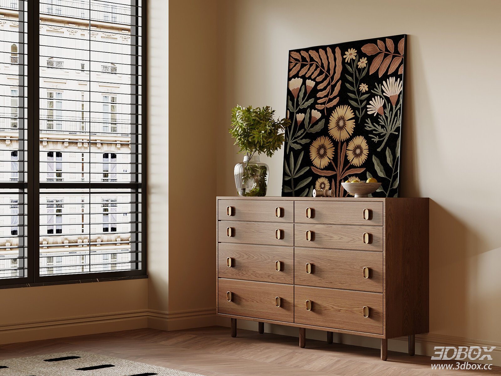 Mid Century Modern Wooden Sideboard Chest of Drawers 3D model - front view